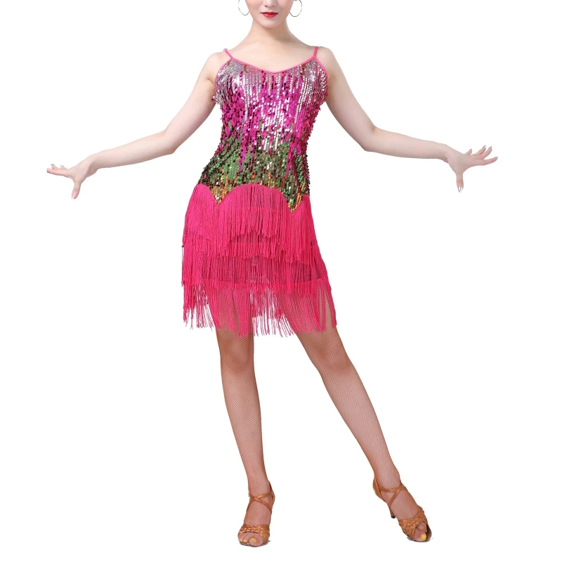 

Colorful Sequin Suspender Skirt Tassel Sleeveless Latin Dance Dresses Samba Rumba Performance Racing Suit Adult Costume