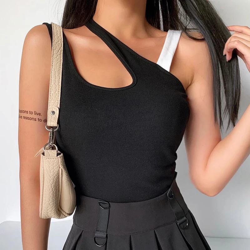 

Women's Sexy Tank Tops Street Vest with Contrast Diagonal Shoulder Straps Slim Navel Vest Short Sleeveless Top Low Chest Vest