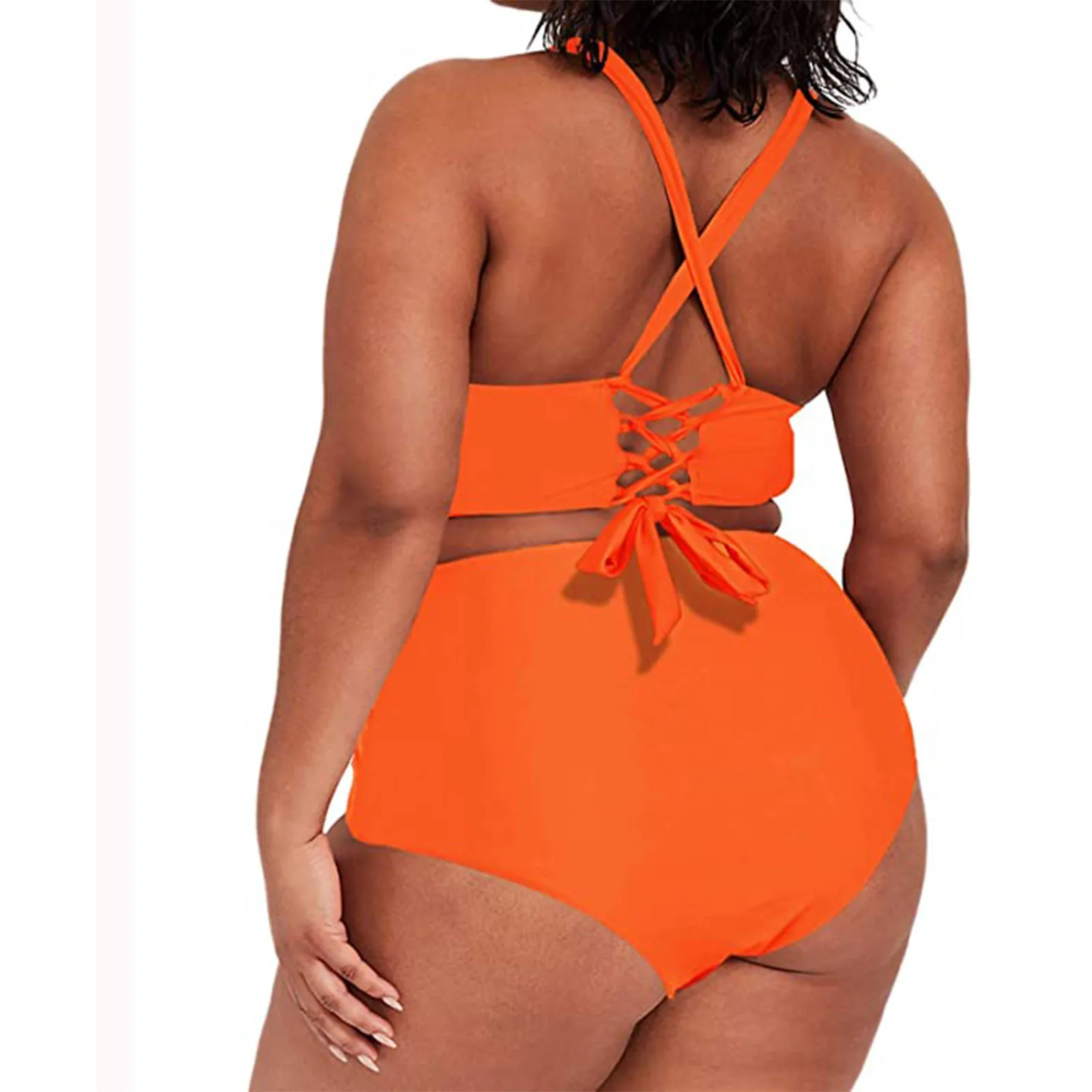 

2021 New Plus Size Swimwear Women Bikini Solid Color High Waist Tummy Control Swimsuit 4xl Female Brazilian Swimming Suit