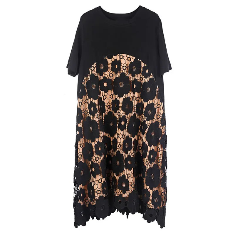 

XITAO Women Lace Dress Hook Flower Hollow Patchwork Hit Color Small Fresh Pullover 2021 Summer Minority Loose Dress LDD1158
