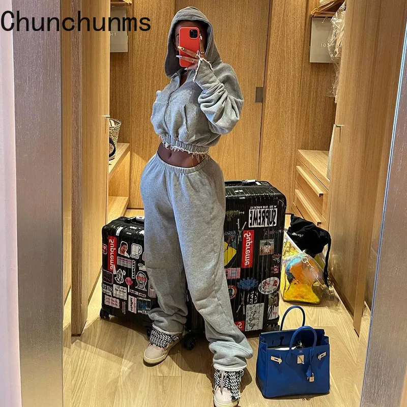 

2021 Autumn Winter Women Clothing Casual Zip Cropped Hoodies Straight Wide Pants Two Piece Set Sporty Fitness Fashion Tracksuit