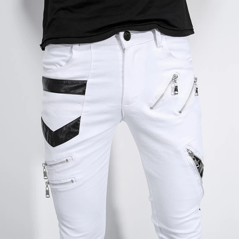 Hip Hop Jeans for Men Streetwear Fashion Patchwork Punk Gothic Party Stage Multi Zippers Skinny Black Leather Pants Designer | Мужская