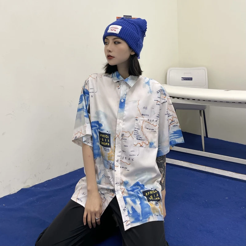 

Women's Blouses Casual Polo Shirt New Korean Fashion Short Sleeve Top Print Retro Loose Plus Size Shirts Summer Houthion