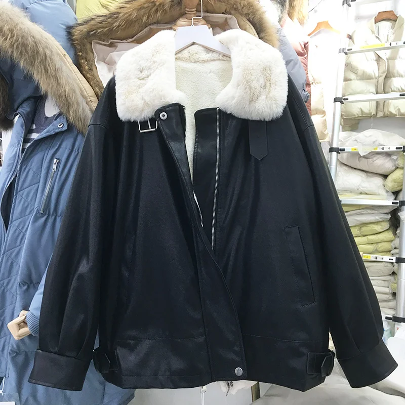 Faux Leather Motorcycle Clothes Women Korean Winter Warm Lamb Cashmere Lining Ladies Coats Beige Black Casual Short Biker Jacket enlarge