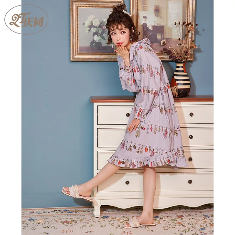 

Women Spring Sexy Cute Nightgown Sweet Princess Soft Girl Pure Cotton Long Skirts Long Sleeve Printing Slash Neck Night Dress