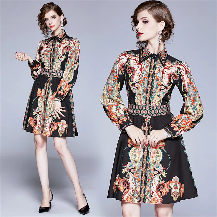 Фото Vintage Printed Shirt Dress Lantern Sleeve Designer Runway Dresses 2020 Women High Quality Luxury Spring Autumn Vestidos Женская Vintage Printed Shirt Dress Lantern Sleeve Designer Runway Dresses 2020 Women High Quality Luxury Spring Autumn Vestidos Женская