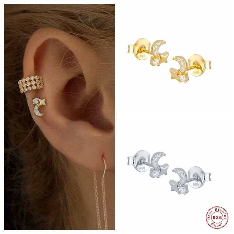

BOAKO 925 Sterling Silver White Zircon Moon Star Stud Earrings For Women Luxury Fashion Crystal CZ Piercing Ear Stud Jewel Gift