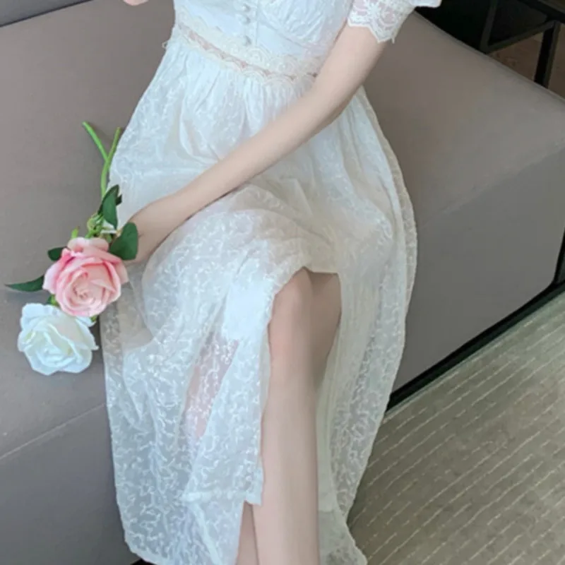

New 2021 Spring New Women Elegant Prom Voile Dresses Sweet & Embroidery Mesh Drobes Lace Chic French Slit Fairy Vestido De Mujer