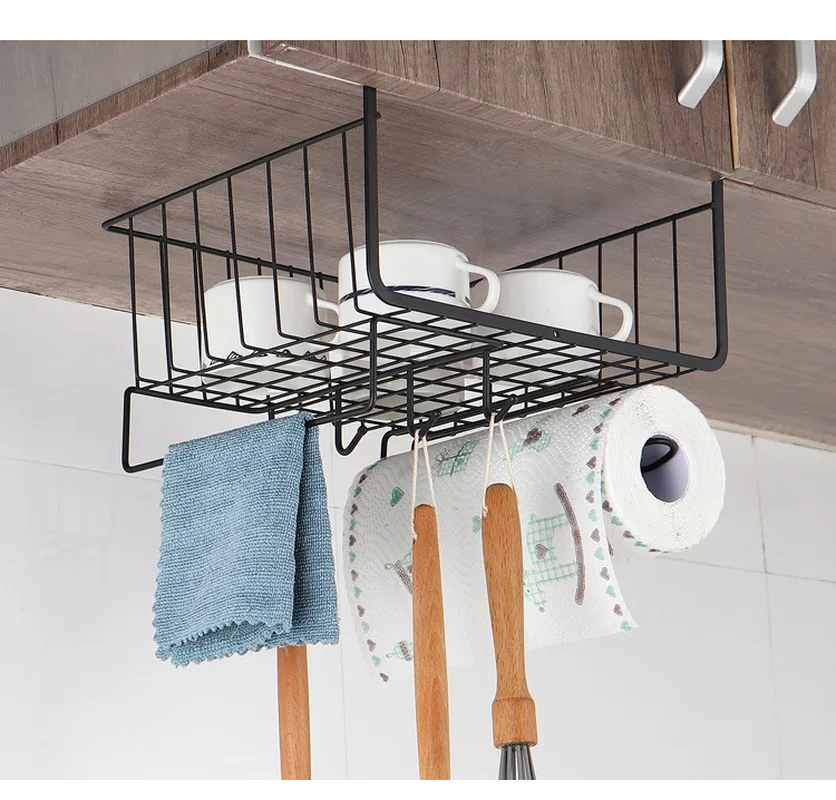 

Kitchen Storage Basket Hanging Under Shelf Storage Iron Basket Cabinet Tableware Organizer Dish Rack Holder with Stretch Hook