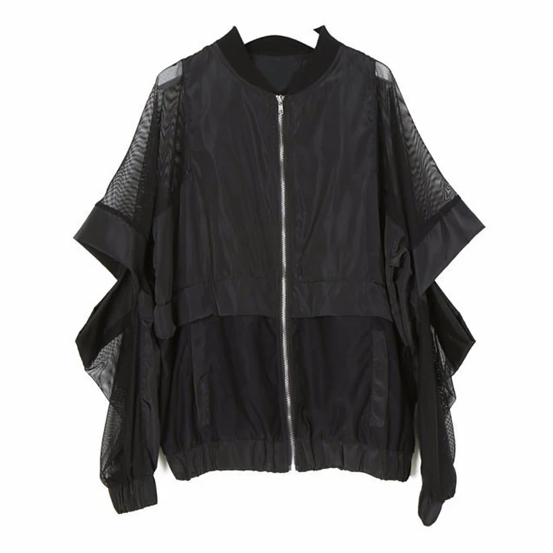 [EAM] 2021 Новинка весна осень воротник стойка длинный рукав черный тонкий полый