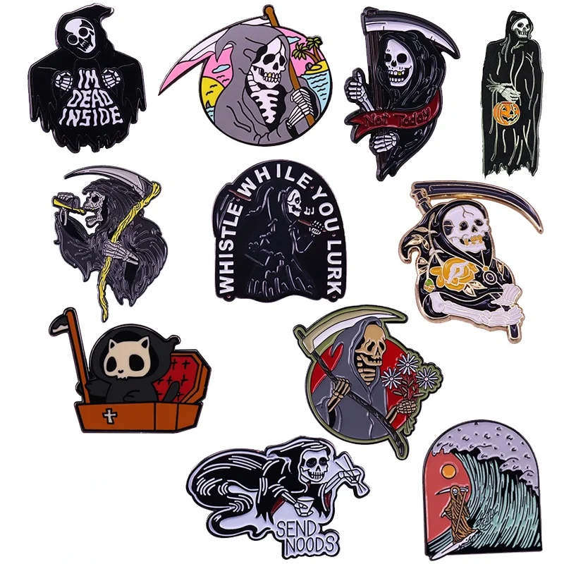 Grim Reaper Lapel Pins Collection Cat Coffin Death Brooches Surfing Ghost Beach Wave Badge Horror Gothic Halloween Decor