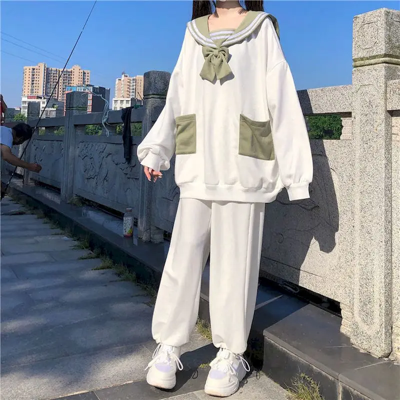 

Autumn 2 Piece Sets Women Outfits Female Student Korean Loose Cute Stitching Navy Collar Sweater Casual Pants Trousers Kawaii