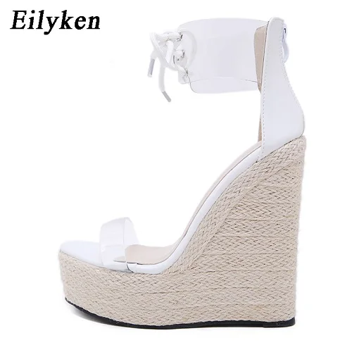 White Eilyken/Модные женские босоножки на танкетке; женские Босоножки с открытым носком на платформе в римском стиле с ремешком на щиколотке и застежкой-молнией и закрытой пяткой из прозрачного ПВХ - Цвет: White