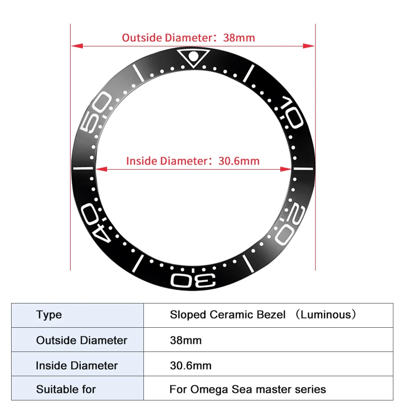 

Luminous Sloped Ceramic Bezel insert Slopping bezel 38*30.6mm For Omega Sea master series MOD watch parts