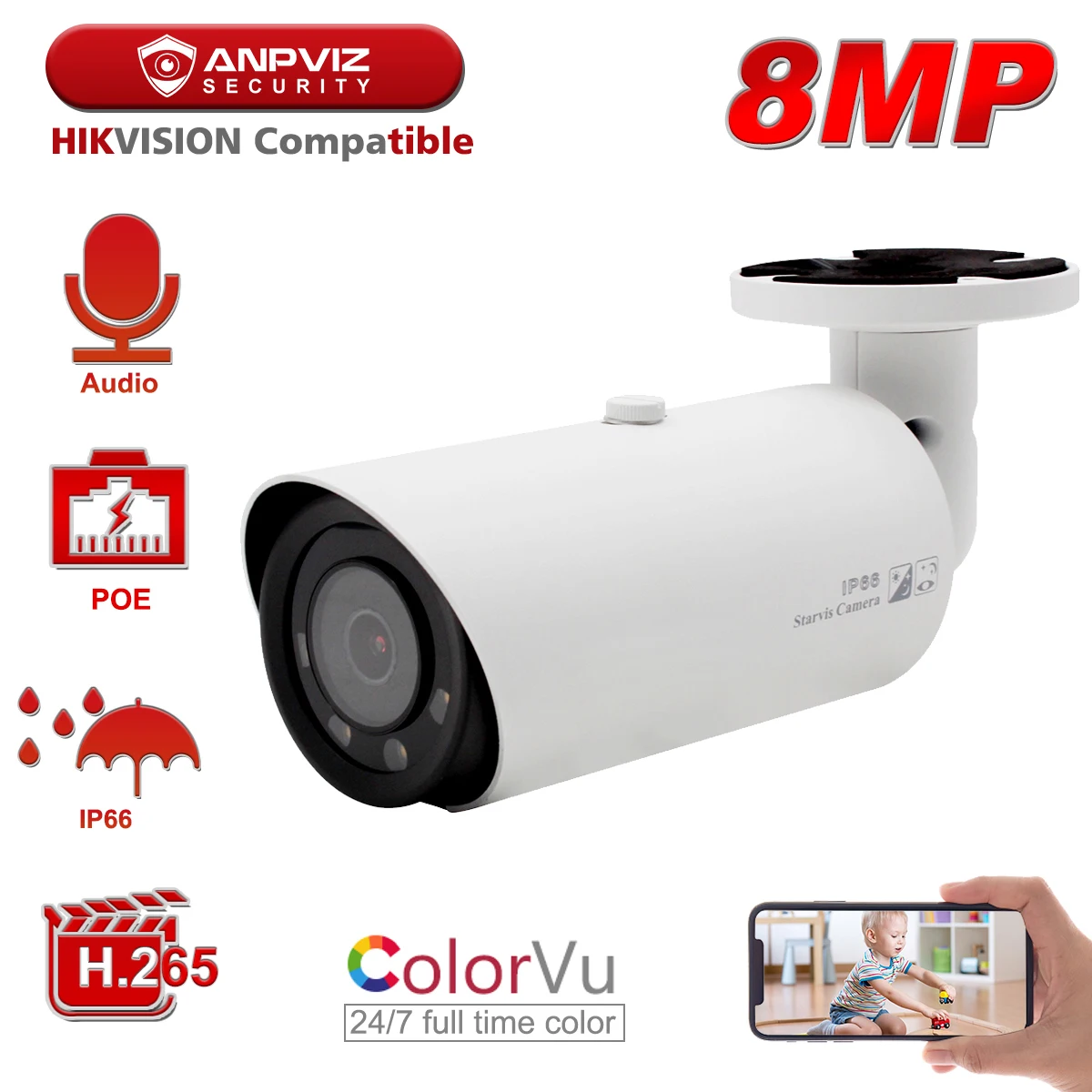 

Hikvision Compatible Anpviz 4K 8MP Starlight ColorVu POE IP Camera Bullet Super Colorful Security Camera Audio IP66 Onvif 30m