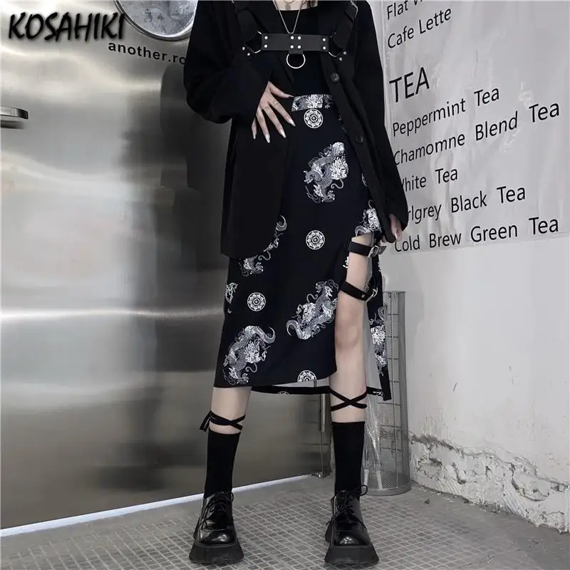 

KOSAHIKI Harajuku Высокая Талия Миди-юбки в готическом стиле, уличная одежда с принтом в виде дракона Асимметричный Для женщин юбки в стиле панк жен...