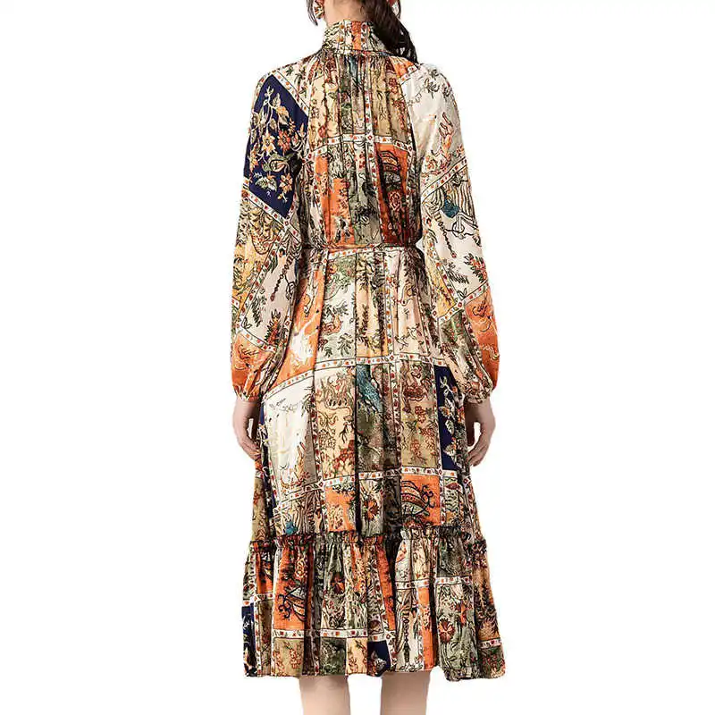 

IEQJ Women Red Printed Rufflles Dress Bow Collar Long Sleeve Loose Fit Temperament Fashion Trend Spring And Autumn 2021 3D0030