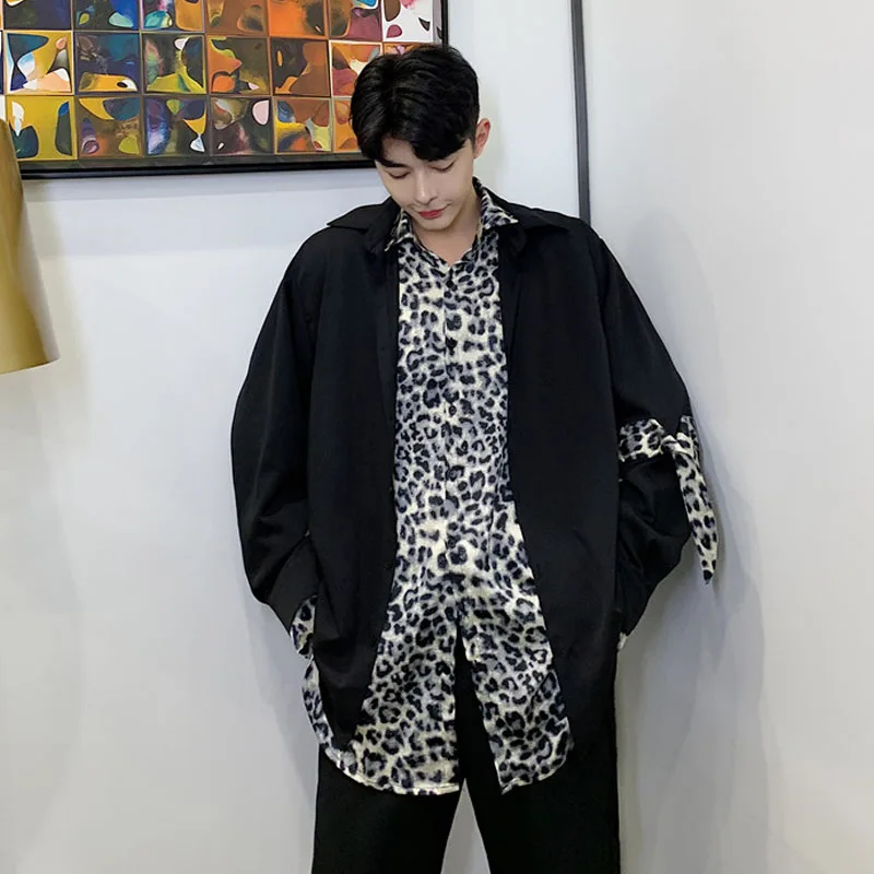 

Рубашка мужская с леопардовым принтом, свободная Повседневная блуза с длинными рукавами, винтажная уличная одежда в стиле хип-хоп, верхняя ...