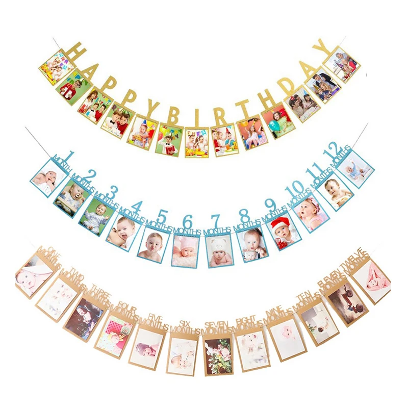 12 месяцы фоторамка Бумага баннер первый С Днем Рождения Декор 1st для маленьких
