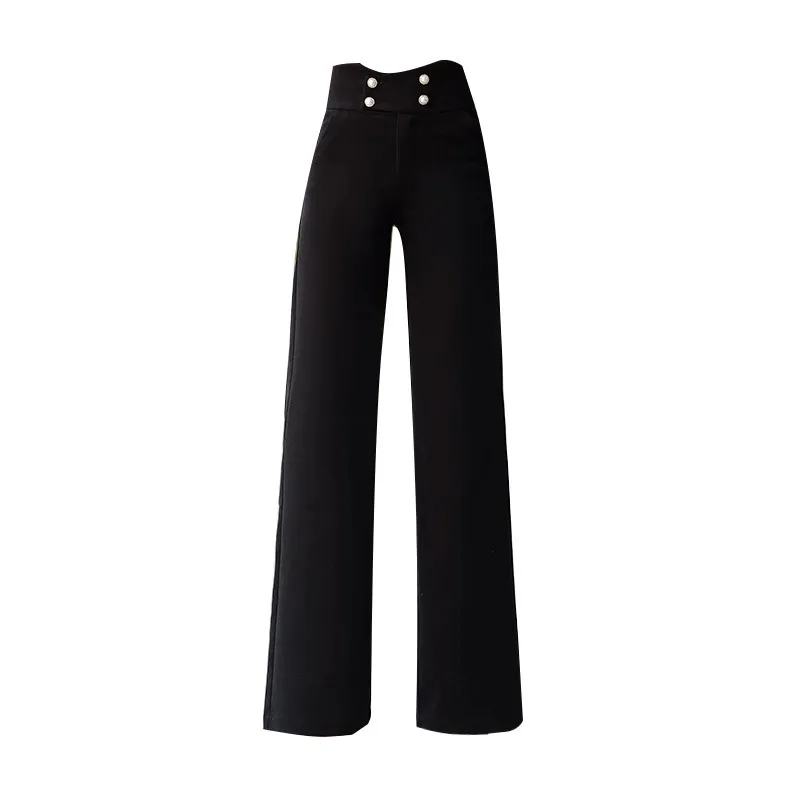 

Office Ladies Elegant Push Up Wide Legged Pants Fashion Woolen Pearls Button Women Casual Loose High Waisted Straight Trousers