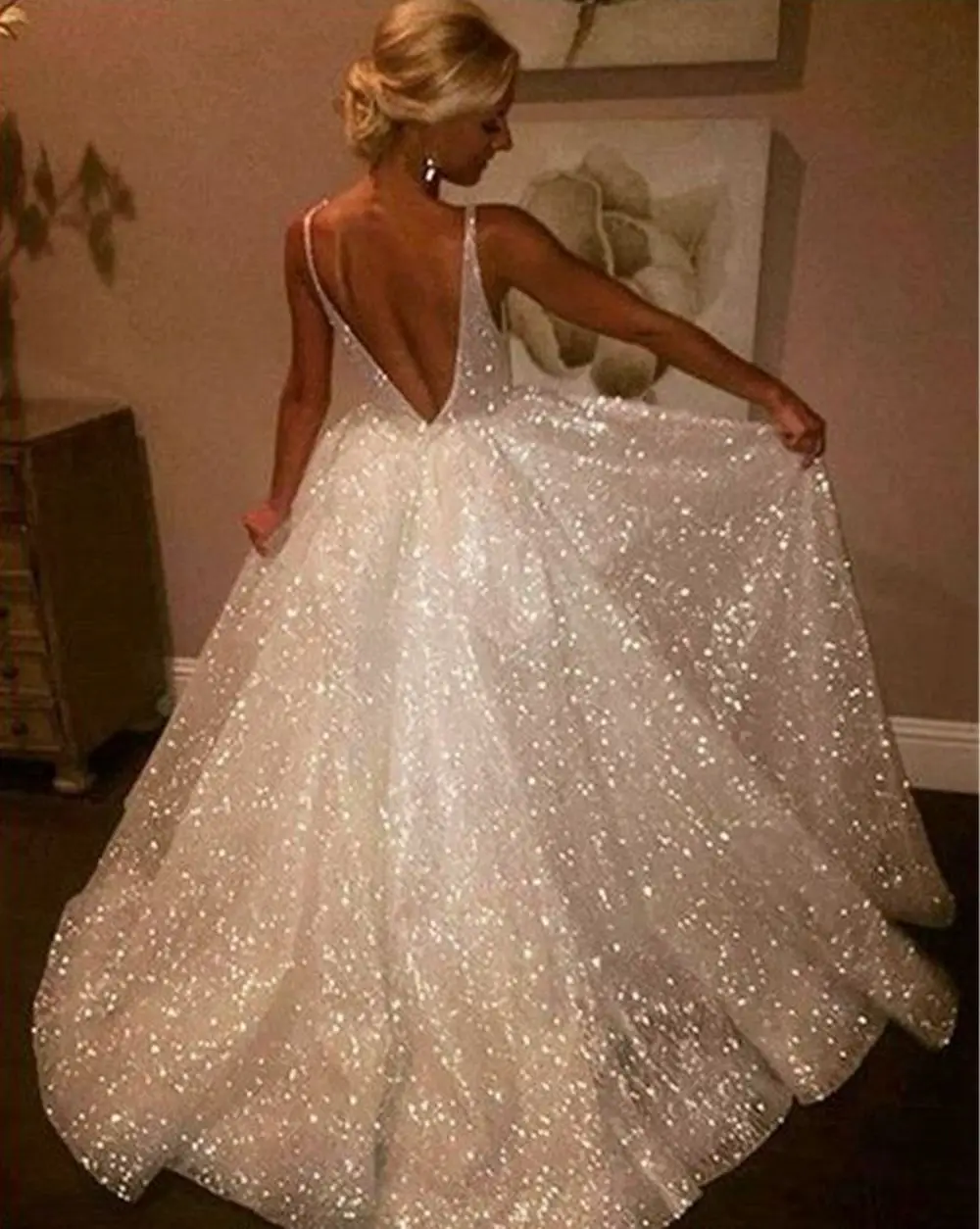 Блестящее платье цвета слоновой кости с блестками 2021 Очаровательные вечерние