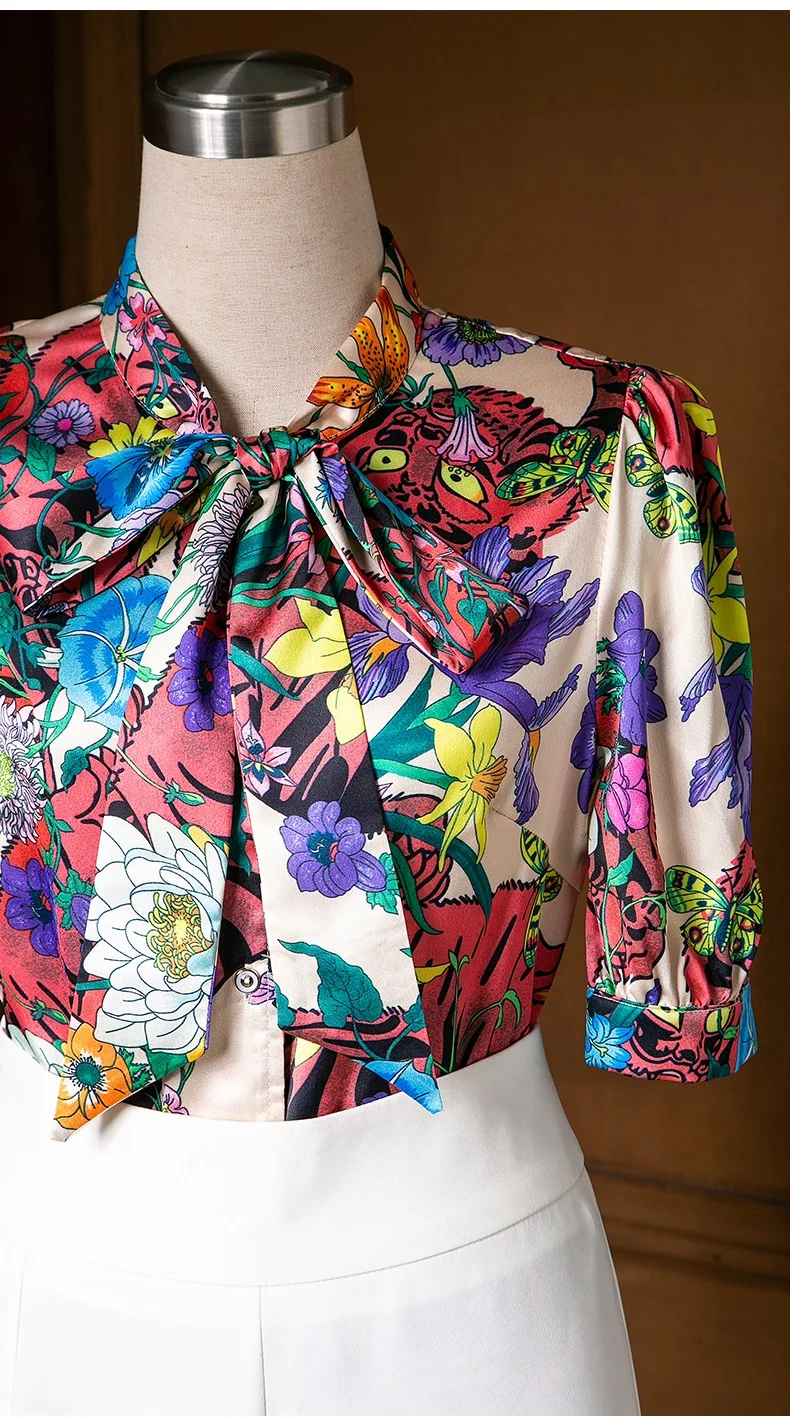 2020 Summer Fashion Pant Suits Women Bow Collar Colorful Flower Print Short Sleeve Shirts+High Waist Wide Leg Long White Pants