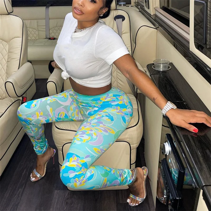 

CHRONSTYLE Tie Dyeing Print Colorful Leggings Pants 2021 Fashion Women High Waist Bodycon Slim Party Pencil Trousers Leggings