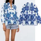 Женская блузка Nlzgmsj Za 2021, рубашки для женщин, винтажные голубые рубашки с цветочным принтом, Повседневная модная офисная женская блузка 202106