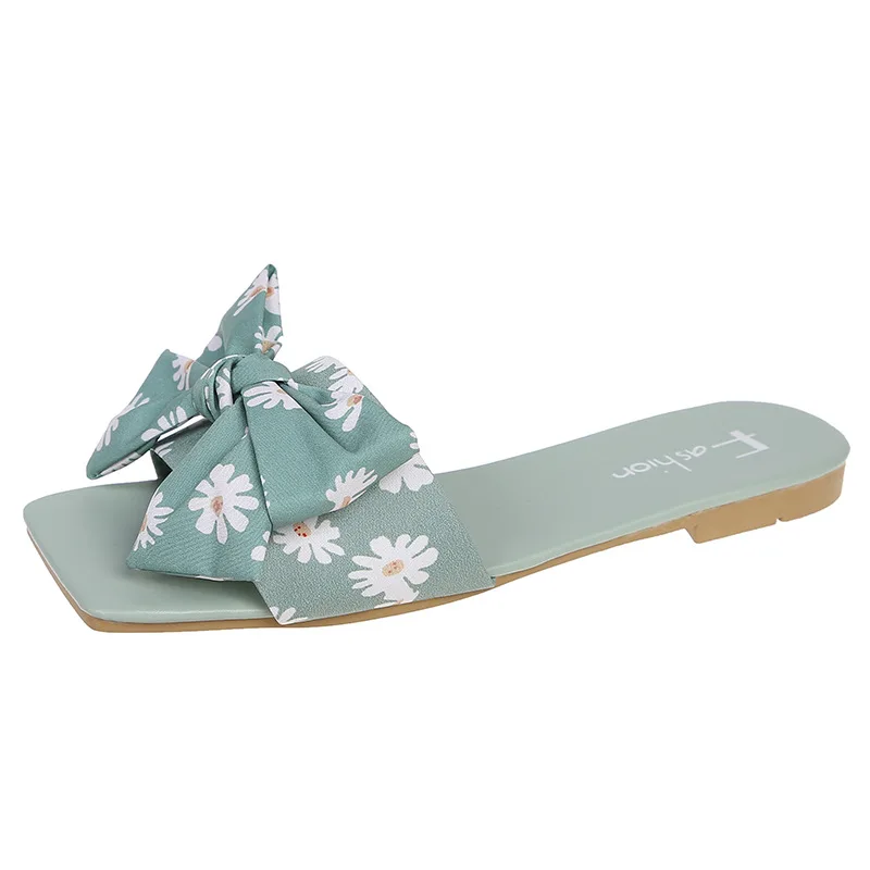

Flat Shoes Female Summer Clogs Woman Ladies' Slippers Pantofle Square Toe Luxury Slides Butterfly-Knot Beach 2021 Designer Soft