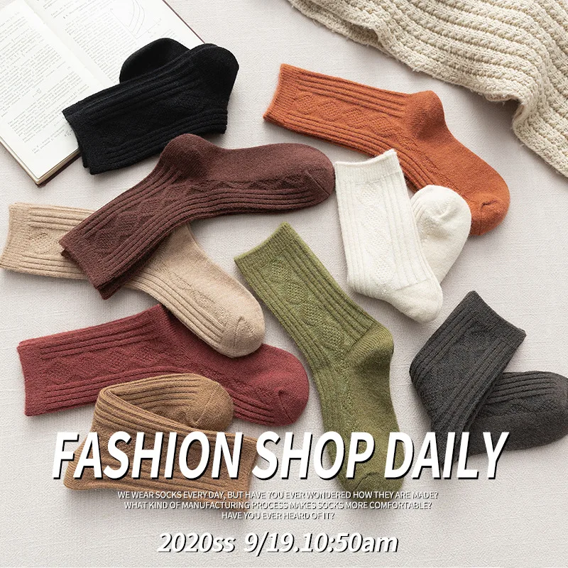 

Autumn Winter Thick Warm Woman Socks New Hot Casual Solid Cashmere Wool Long Socks Harajuku Retro Vintage Streetwear Crew Sock