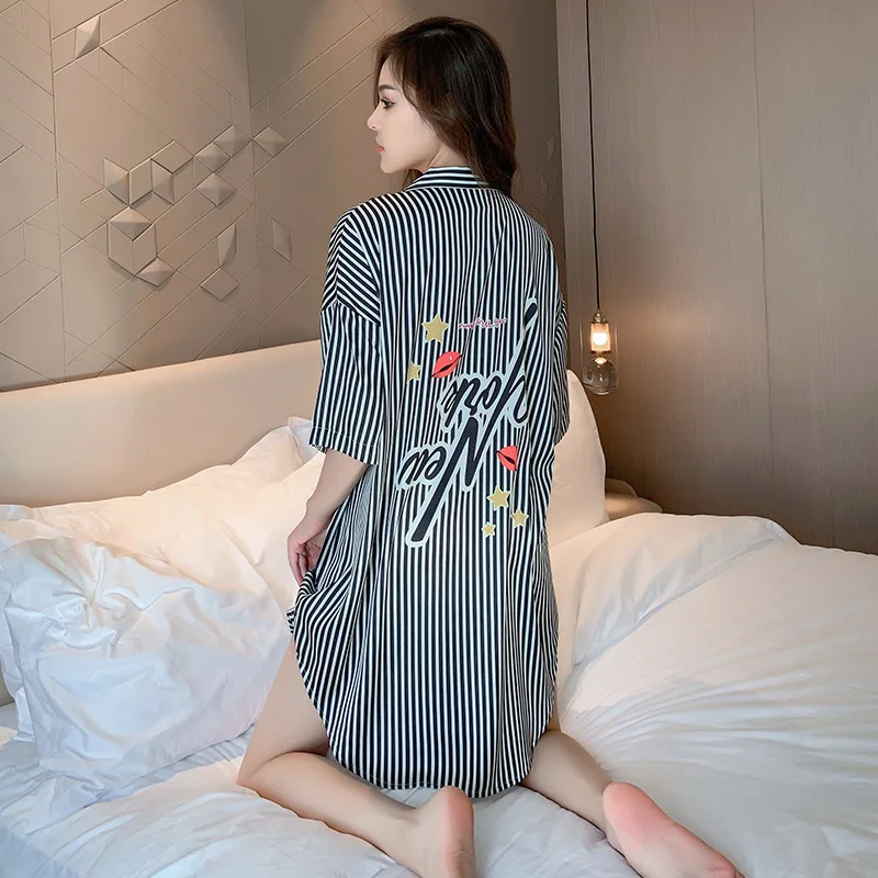 

Стильное черно-белое Полосатое женское платье-рубашка Удобная Повседневная Пижама женская одежда для сна