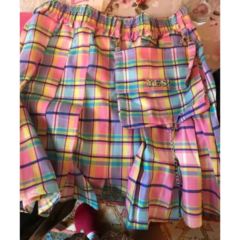

Mini Gothic Women Skirt Harajuku Kawaii High Waist Dance Skirts Wild Pink Sweet Plaid Pleated Skirt Female + Chain Punk Retro