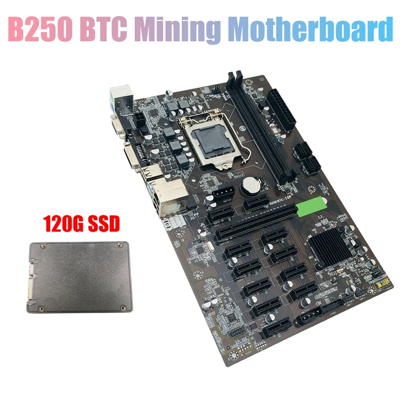 

Материнская плата для майнинга B250 BTC с 120G SSD LGA 1151 12X, слот для графической карты DDR4 USB3.0 SATA3.0, низкая мощность для майнинга BTC