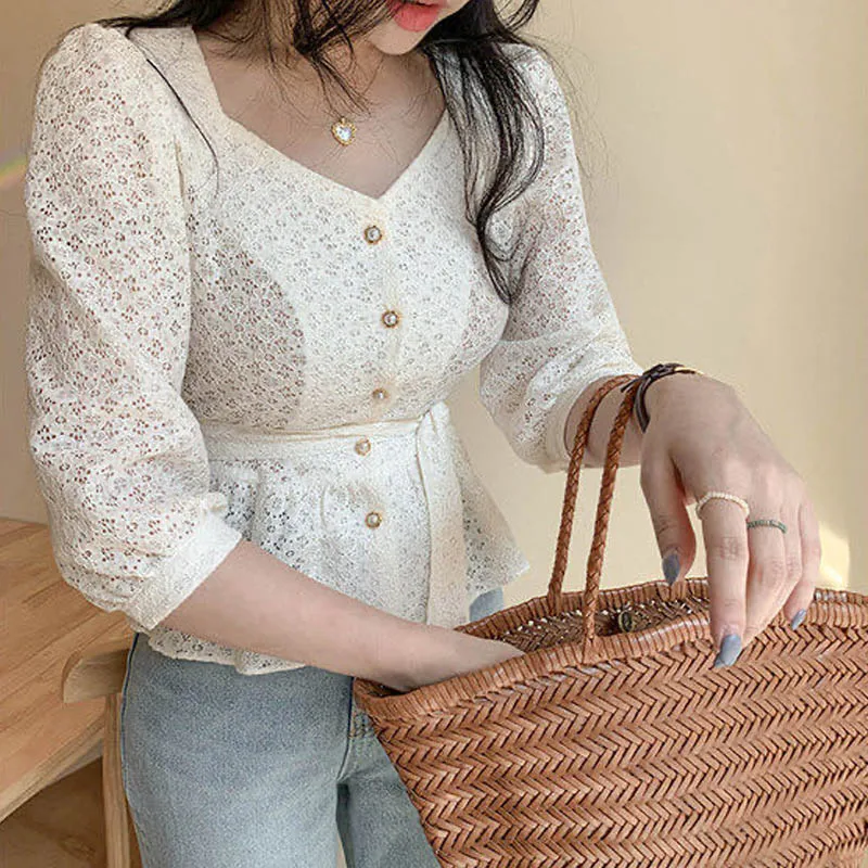 

2020 New Chic Elegance Shirts Women Korean Style Sweet Hollow Out Blouses Vintage Lace Up Waist Controlled Top Female Clothing