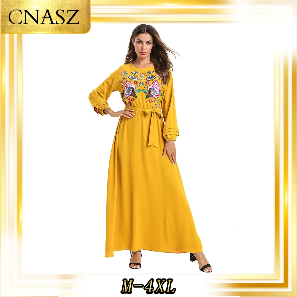Мусульманское модное однотонное вышитое осеннее платье с длинными рукавами Caftan