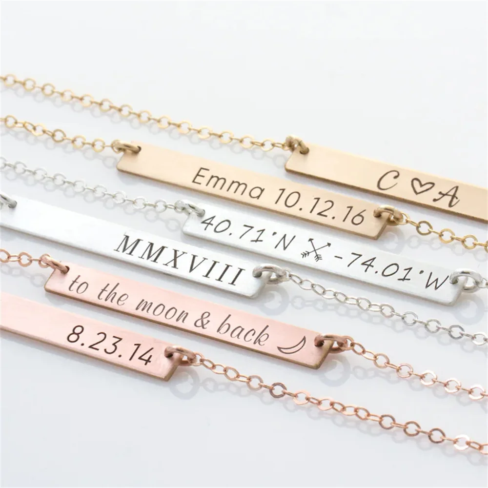 

Custom Stainless steel Bar Engrave Name Pendant Necklace Personalized Men Custom Date coordinates Nameplate Necklaces For Gift