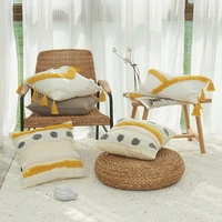 cotton tufted tassel cushion cover yellow polka dot hanging ear pillowcase decorative pillow case for sofa home cushion