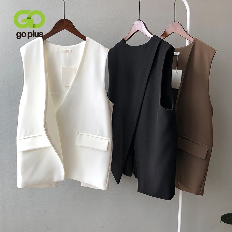

GOPLUS Jacket V-neck Vest Top 2021 Woman Black White Sleeveless Jackets Coats Veste Femme Kamizelka Damska Weste Damen C11155