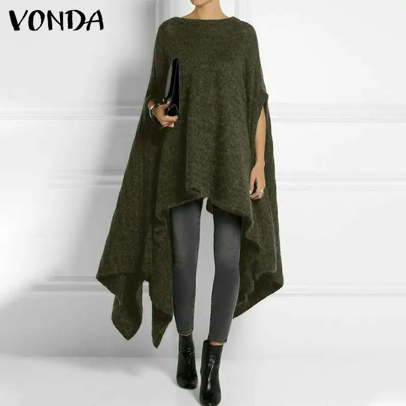 

VONDA 2021 осенние зимние накидки длинные пальто винтажные Асимметричные пончо с коротким рукавом повседневные однотонные пальто свободные ул...