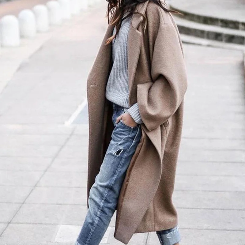 

2021 Autumn and Winter New Women's Jacket Fashion Loose Lapel Solid Color Long-sleeved Elegant Long Coat Ladies Clothing WP04
