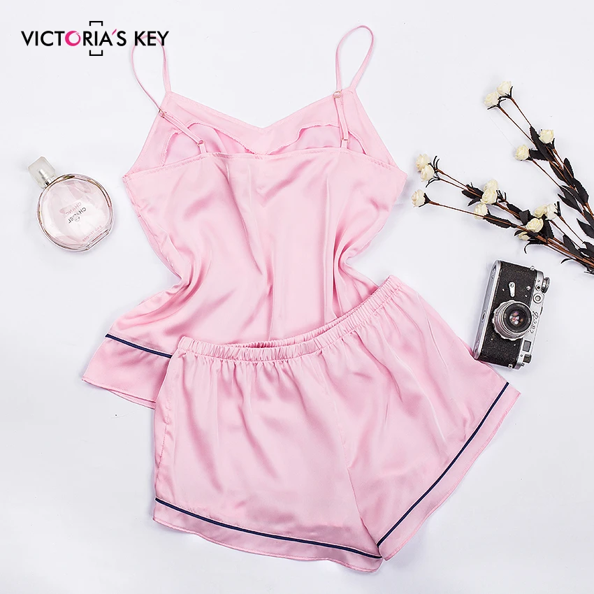 VICTORIA'S ключ розовый V Ночная Пижама с горловиной без рукавов из искусственного шелка, пижамы на бретельках, детский комплект одежды, топ и шорты женская пижама комплект лето-осень пижамный комплект