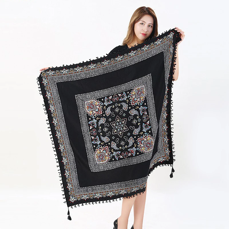 

Большой квадратный шарф с бахромой в стиле ретро, хлопковый утолщенный теплый женский элегантный шарф с принтом в стиле бохо, повседневный ...