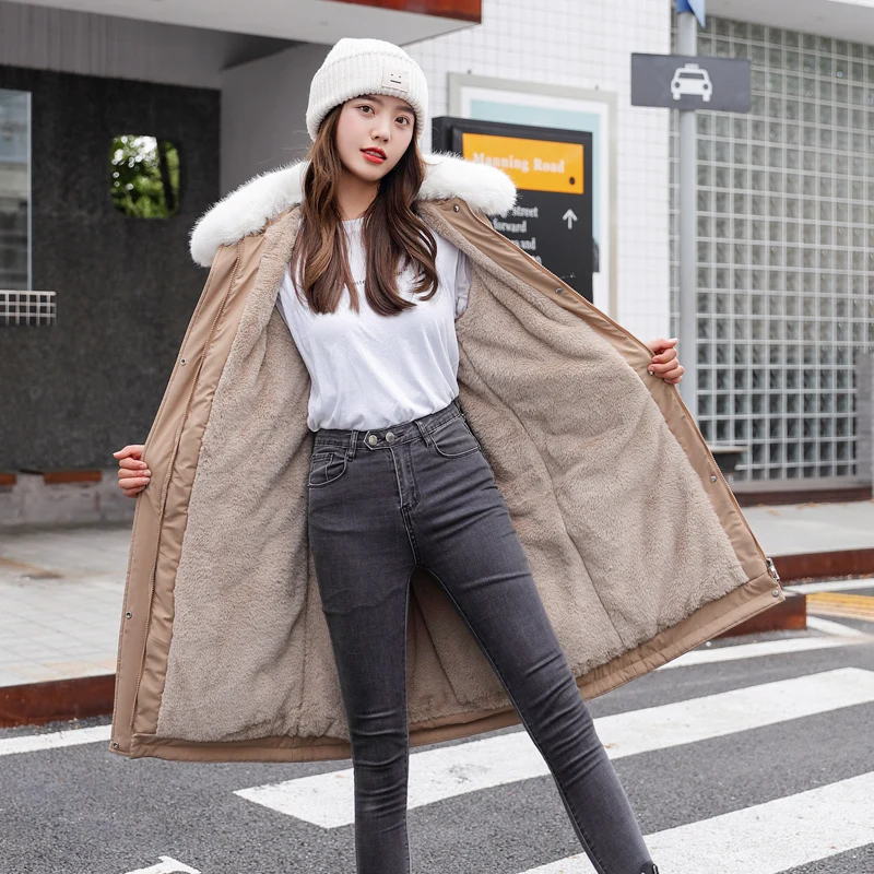 New 2022 Winter Women Collection Jacket Coat There Hood with Fur Collar Knee-length Warm Women Parka Long Slim Thick FANMUER