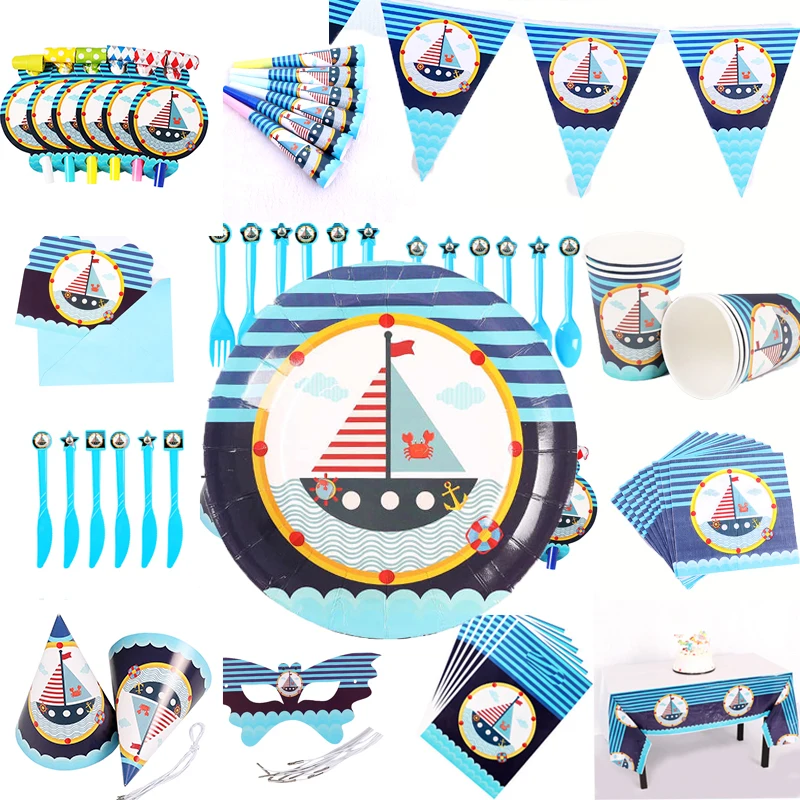 Мультяшная синяя лодка Красивая морская одноразовая посуда поставка семейный