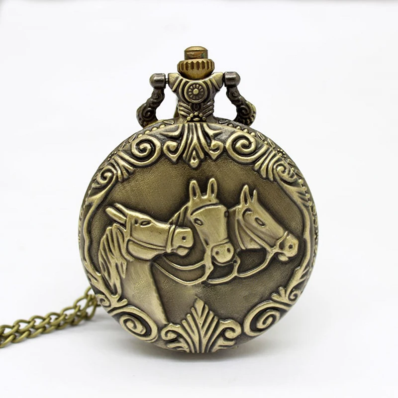 

Three Horses Fob Watches Fashion Quartz Pocket Watch Vintage Necklace Pendant Clock Gift Bronze Pocket Watch Chain Necklace