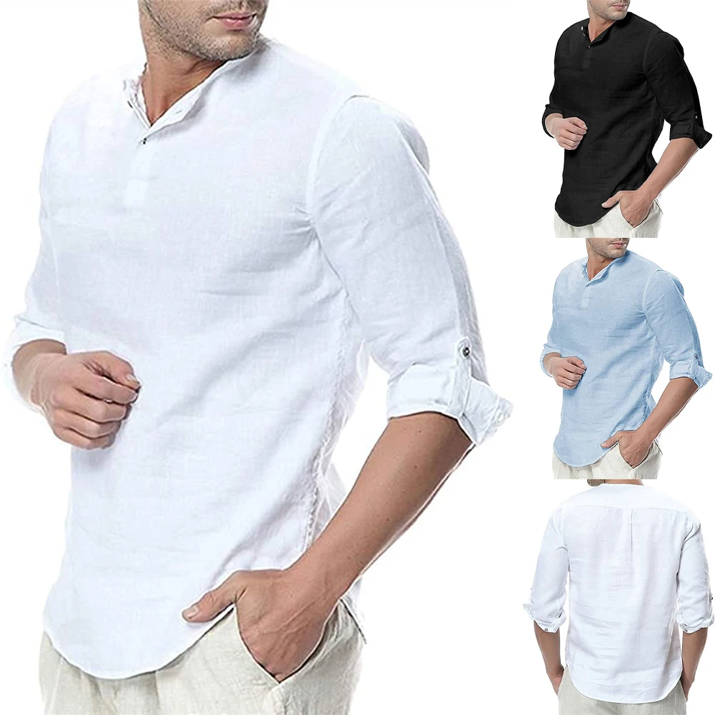 

New Men's Casual Blouse Casual Cotton Linen Shirt Loose Tops Long Sleeve Shirt Retro Pocket Solid Color Top Plus Size 5XL