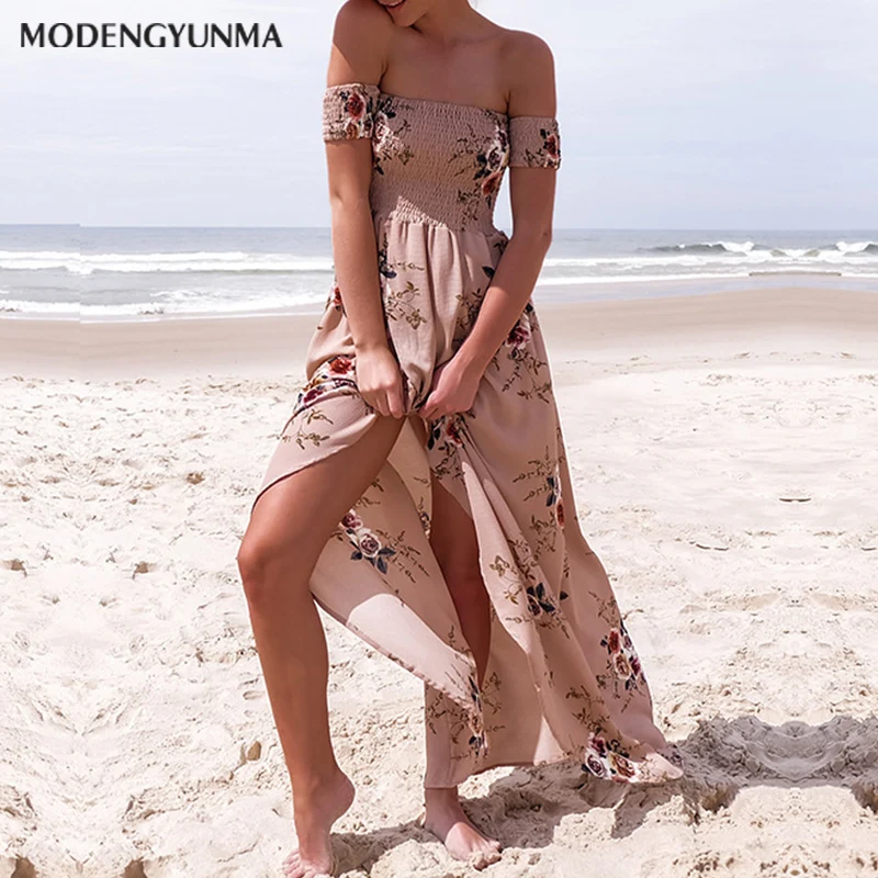 Женское длинное пляжное платье с открытыми плечами винтажное Шифоновое Платье