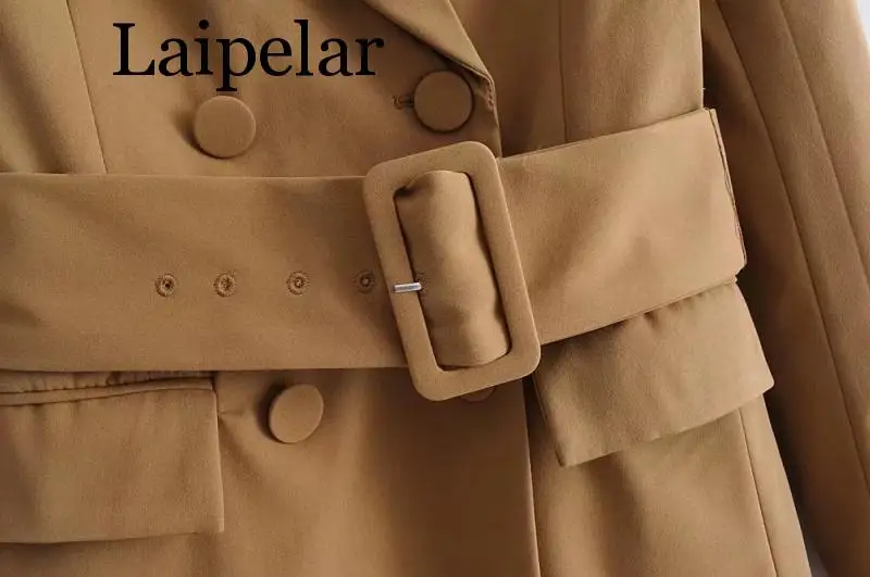 Laipelar Khaki Women Elegant Long Blazers 2019 Spring-Autumn Ladies Chic Notched Collar Suits Jackets with Belt Girls Blaze | Женская