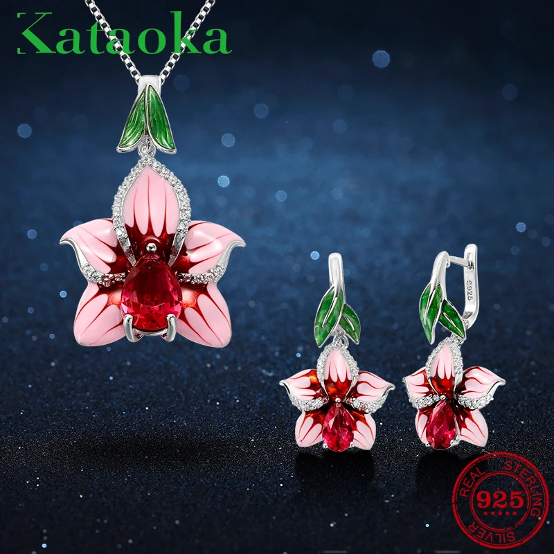 Luxurious Pink Blooming Lily Flowers Enamel Jewelry Sets For Women Elegant Red Crystal CZ 925 Sterling Silver Earrings Necklace | Украшения
