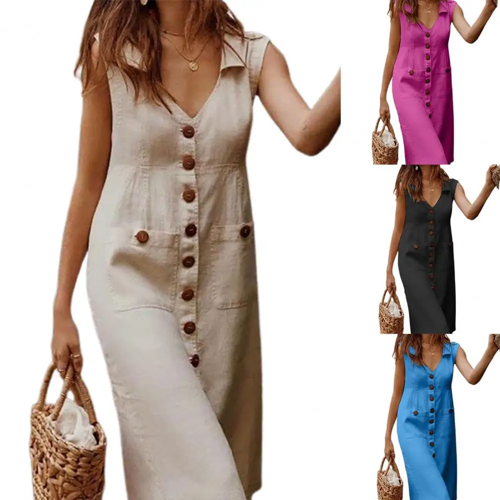 

Comfy Trendy V Neck Turn-down Collar Elegant Dress High Waist Dress Pockets for Date